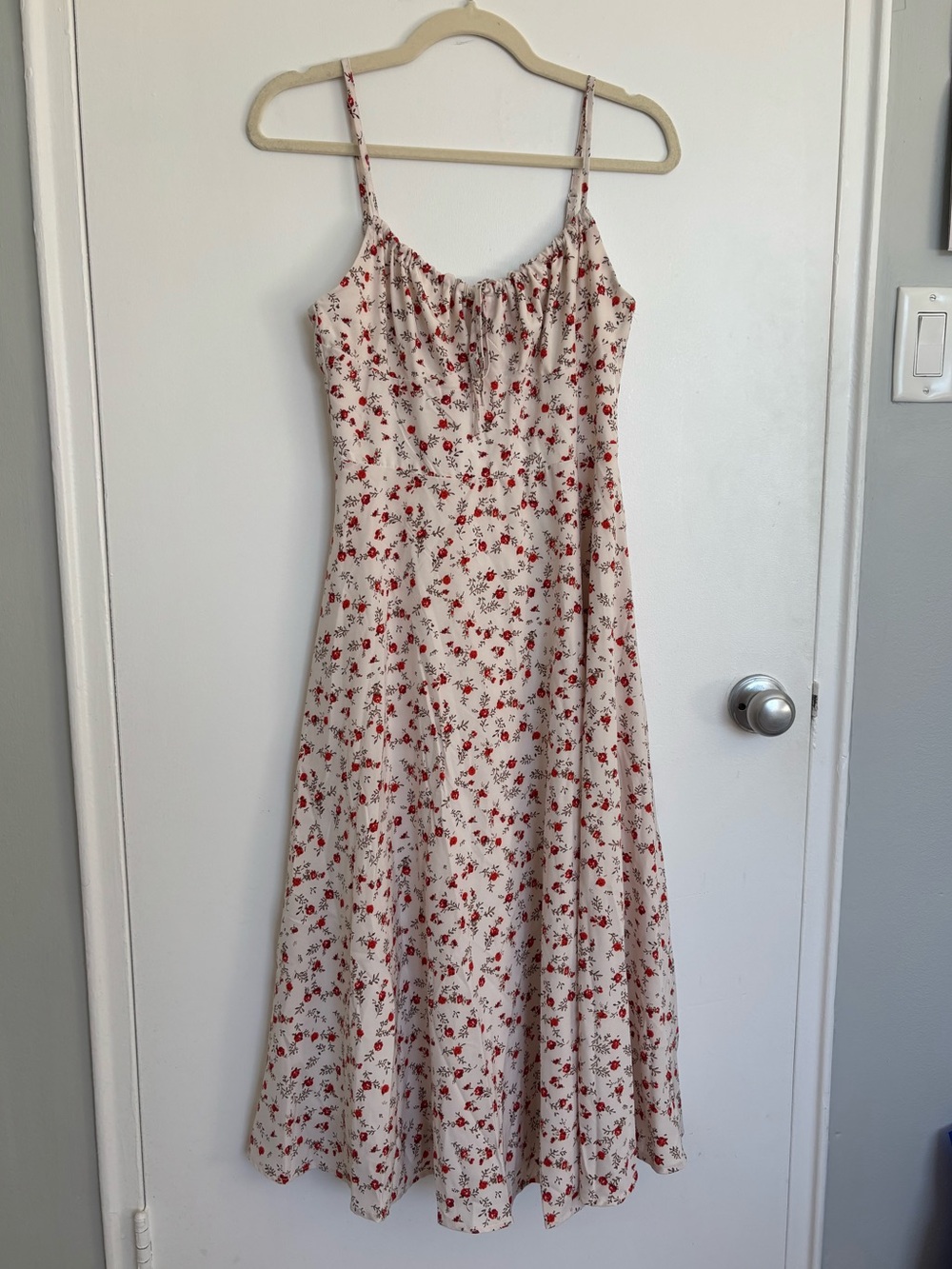 NWT SHEIN MOD Cream Spaghetti Strap Midi Dress with Red Floral Print